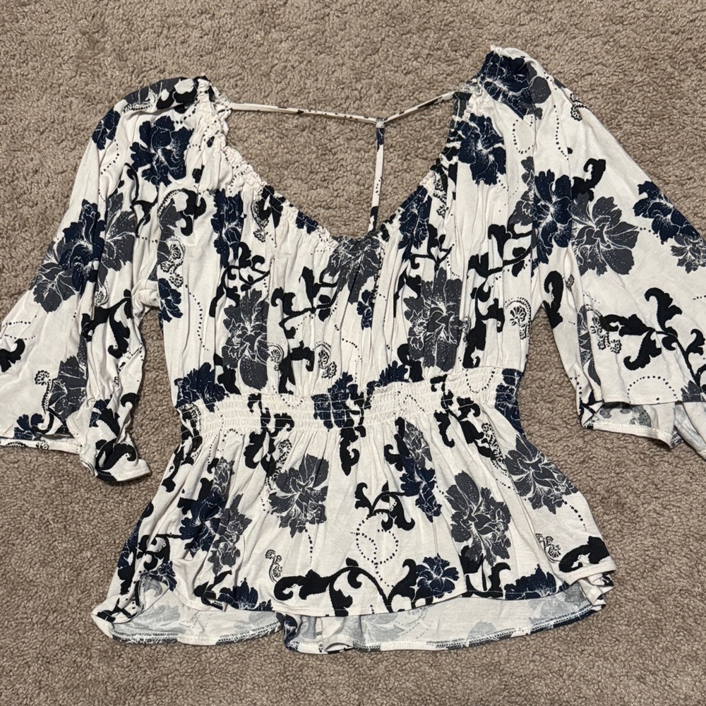 Free People Black and White Floral Blouse